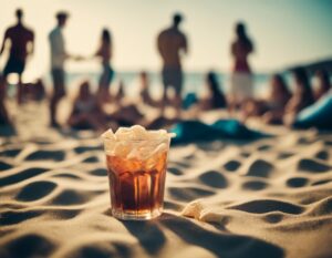 Cold drink on sandy beach with blurred background of bachelorette party