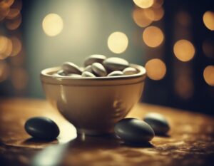 Bowl of white chocolates and dark gray stones on a wooden table.