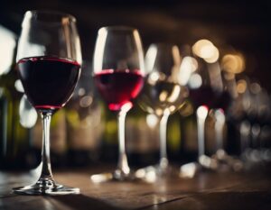 Red wine glasses on a wooden table, blurred wine bottles in background.