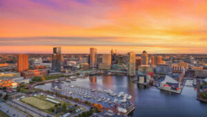Baltimore Inner Harbor sunset skyline. Perfect MD bachelorette party destination!