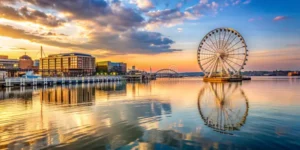 Washington, DC waterfront at sunset with the Capital Wheel. Perfect for a bachelorette party!