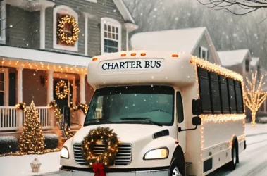Luxury charter bus decorated for the holidays, parked in front of a snow-covered home. "Charter Bus" is visible on the vehicle.