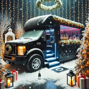 Luxury black party bus decorated for a snowy NJ winter celebration.