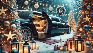 Luxury black limousine parked amidst snow-covered Christmas trees, ready for a romantic NJ winter date night.
