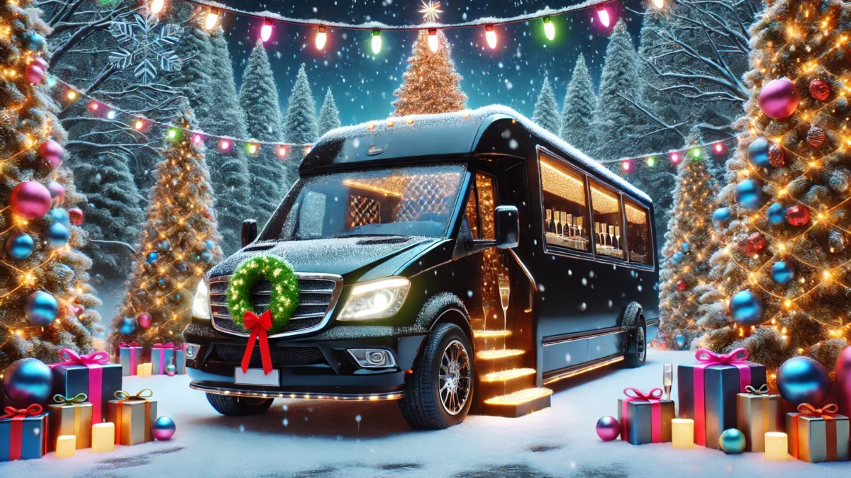Luxury black party bus parked in snowy winter scene with Christmas trees and gifts. Perfect NJ winter celebration transportation.