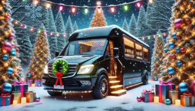 Luxury black party bus parked in snowy winter scene with Christmas trees and gifts. Perfect NJ winter celebration transportation.