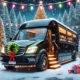 Luxury black party bus parked in snowy winter scene with Christmas trees and gifts. Perfect NJ winter celebration transportation.