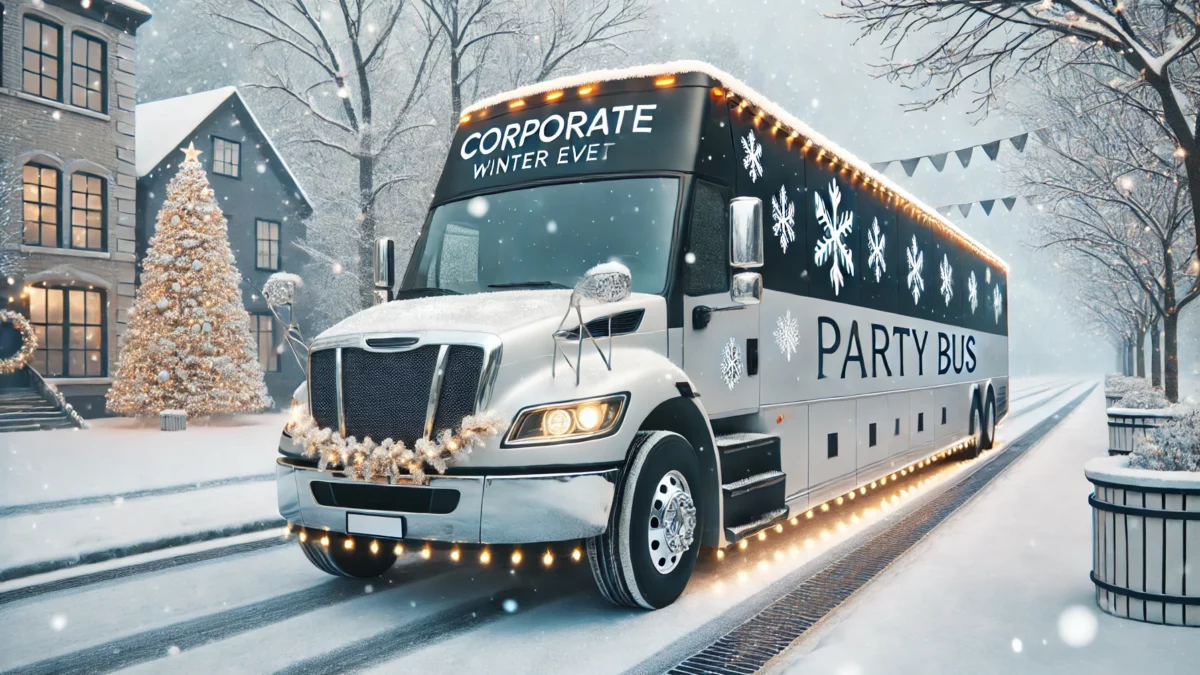 A festive party bus decorated for a corporate winter event drives through a snowy town. The bus reads "Party Bus" and "Corporate Winter Event.