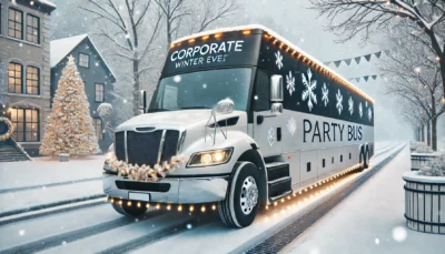 A festive party bus decorated for a corporate winter event drives through a snowy town. The bus reads "Party Bus" and "Corporate Winter Event.