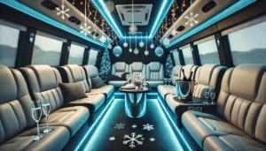 Luxury party bus decorated for a winter corporate event. Champagne, festive lights, and comfortable seating.