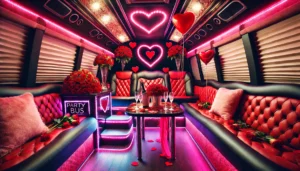 Romantic Valentine's Day party bus interior with red roses, heart decorations, and champagne. "Party Bus" sign visible.