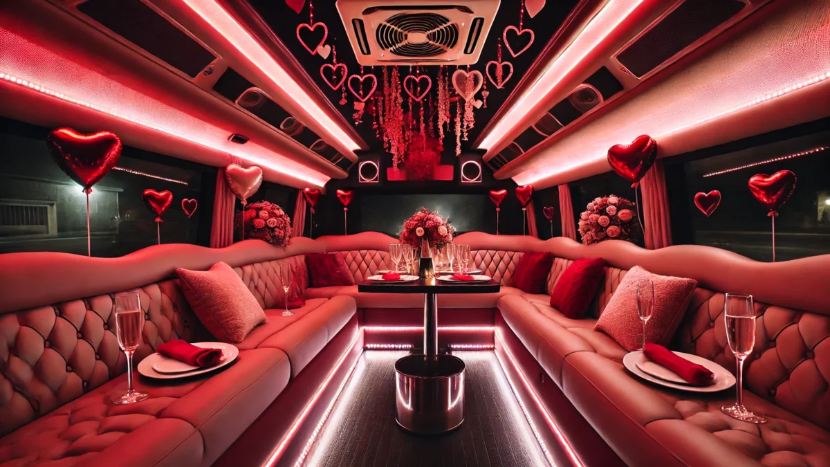Romantic Valentine's Day party bus interior with heart-shaped balloons, rose bouquets, and a table set for two.