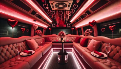 Romantic Valentine's Day party bus interior with heart-shaped balloons, rose bouquets, and a table set for two.