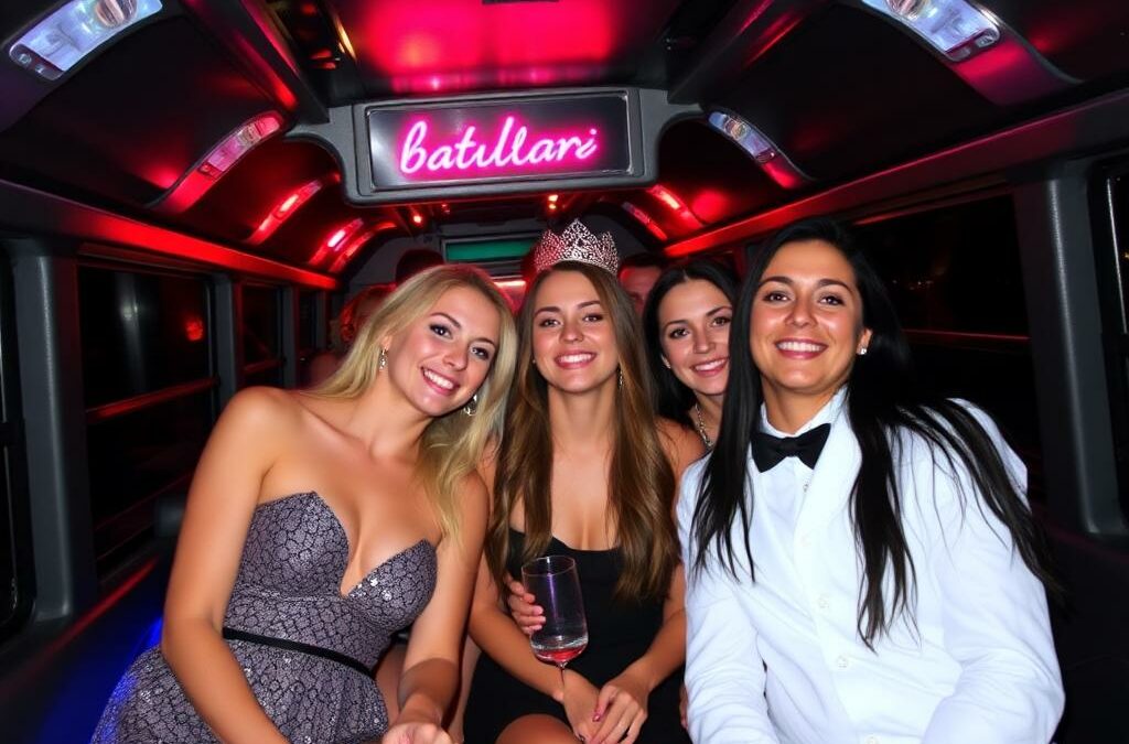 Happy bachelorette party group in a party bus, celebrating with Batullari