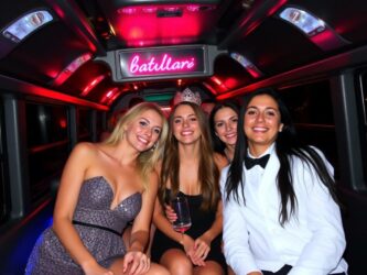 Happy bachelorette party group in a party bus, celebrating with Batullari
