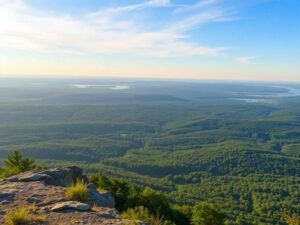 Panoramic view of New Jersey landscape from a mountaintop, showcasing lush green forests and a distant lake. Ideal for a scenic limo ride.