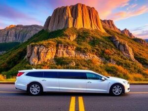 White limousine on scenic New Jersey highway with mountain backdrop