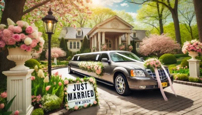 Luxury limousine decorated for a spring wedding, "Just Married" sign, NJ license plate.