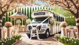 Just Married! White wedding limo decorated with flowers, arriving at a spring wedding in NJ/PA.