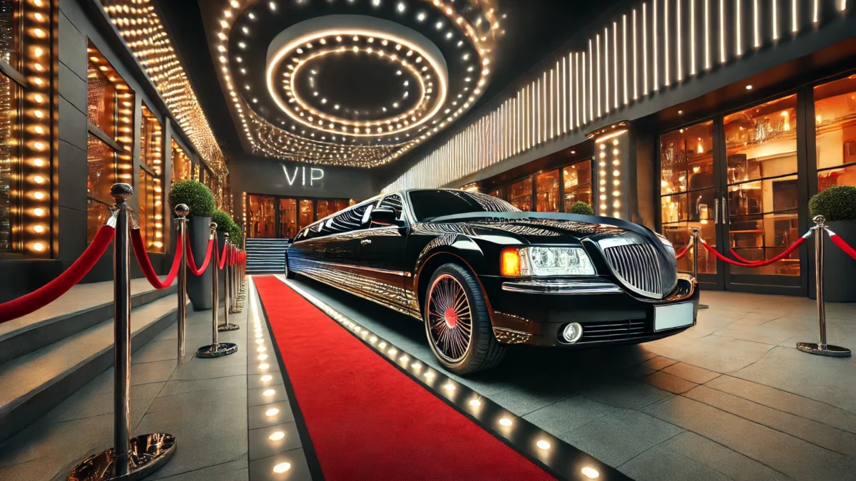 Black limousine parked on red carpet at VIP entrance. Prom night transportation in PA & MD.