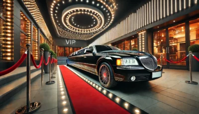 Black limousine parked on red carpet at VIP entrance. Prom night transportation in PA & MD.