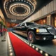 Black limousine parked on red carpet at VIP entrance. Prom night transportation in PA & MD.