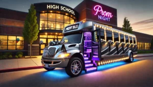 Luxury party bus parked outside high school; Prom Night sign visible. Perfect PA & MD prom transportation.