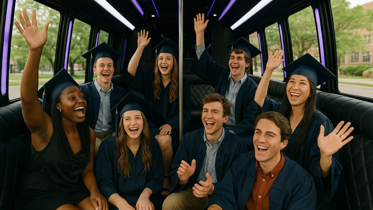 Excited graduating celebrating in a party bus, perfect for graduation 2025.