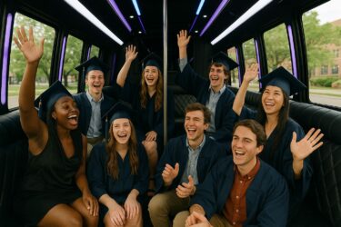 Excited graduating celebrating in a party bus, perfect for graduation 2025.