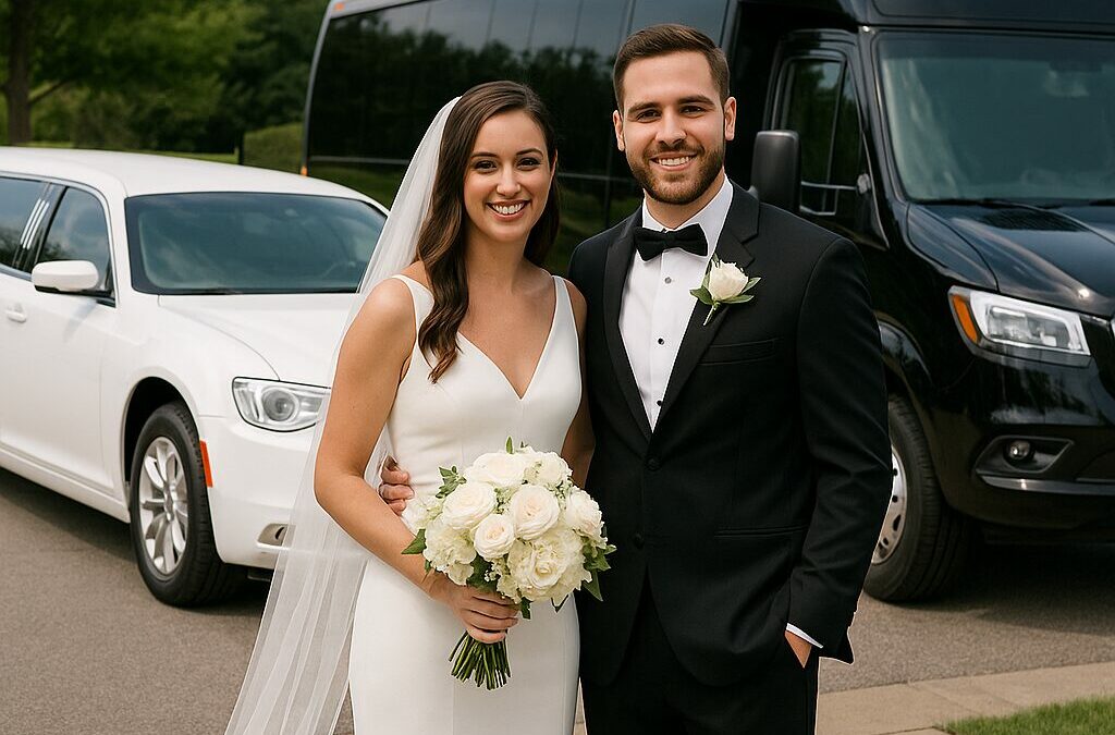 Happy wedding couple posing by a white limousine and black shuttle. Summer wedding transportation.