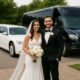 Happy wedding couple posing by a white limousine and black shuttle. Summer wedding transportation.