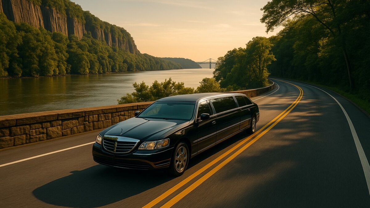 Black limousine driving scenic route along river, near Bergen County.
