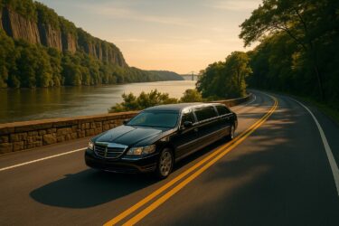 Black limousine driving scenic route along river, near Bergen County.