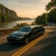 Black limousine driving scenic route along river, near Bergen County.