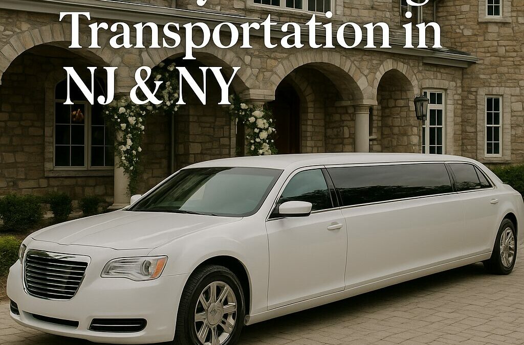 White stretch limousine parked outside a luxury home; luxury wedding transportation in NJ & NY.