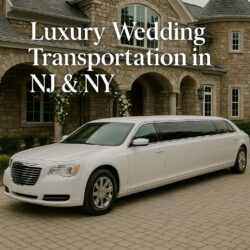 White stretch limousine parked outside a luxury home; luxury wedding transportation in NJ & NY.