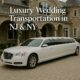White stretch limousine parked outside a luxury home; luxury wedding transportation in NJ & NY.