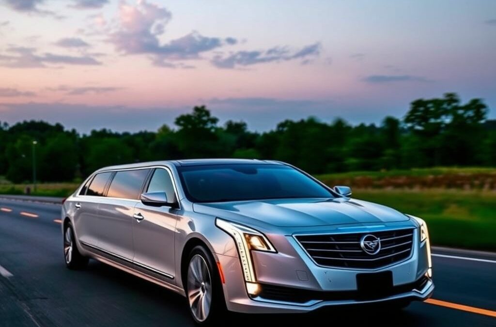 Luxury silver limousine on open road.
