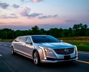 Luxury silver limousine on open road.