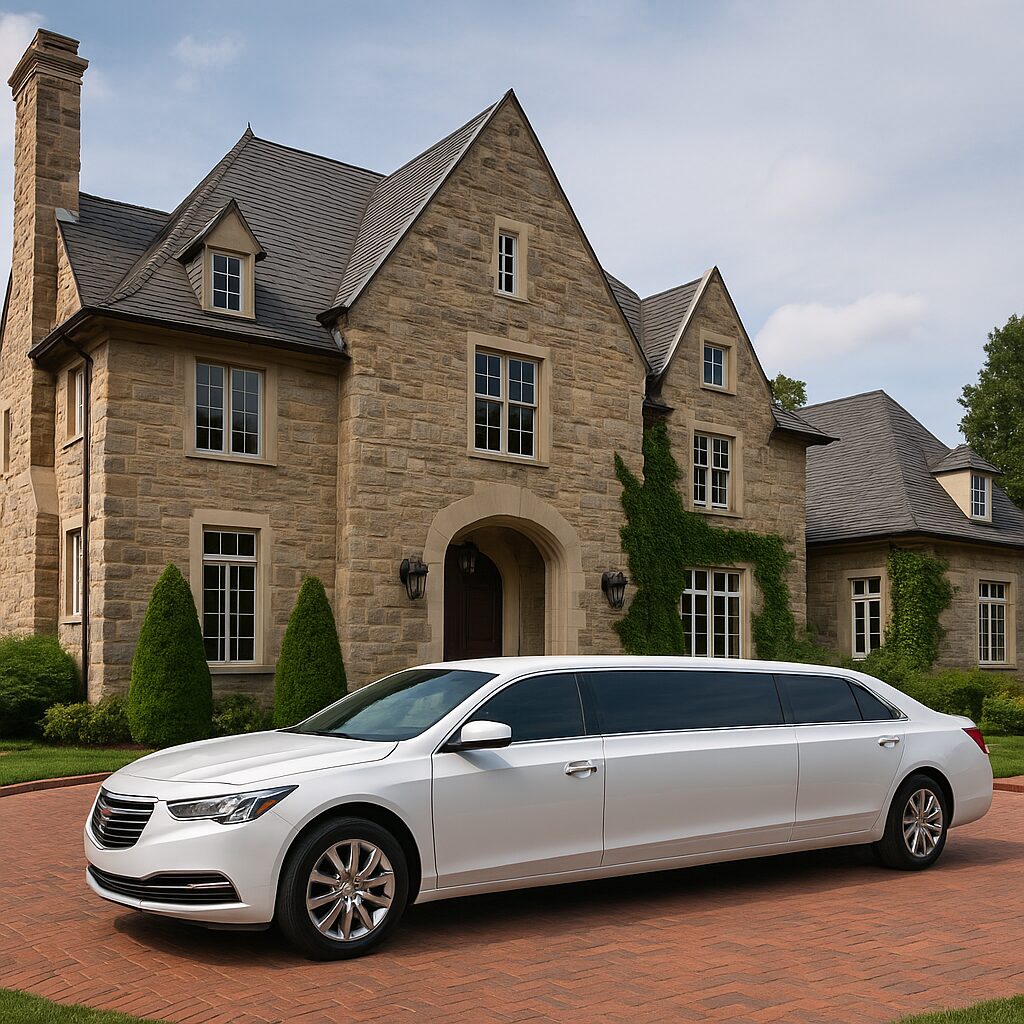 White limo by a luxury mansion driveway