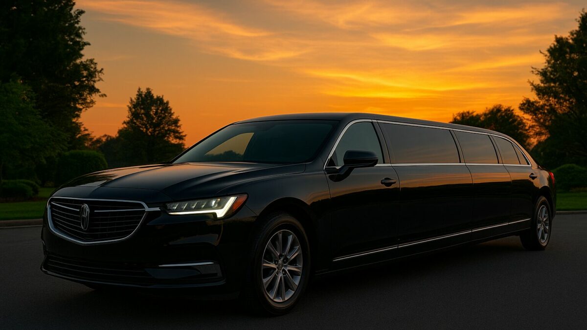 Black limo at sunset landscape.
