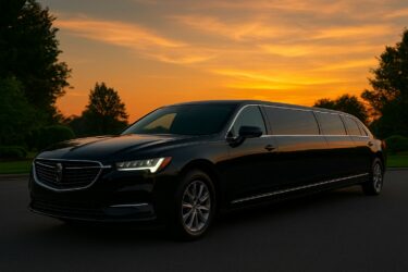 Black limo at sunset landscape.